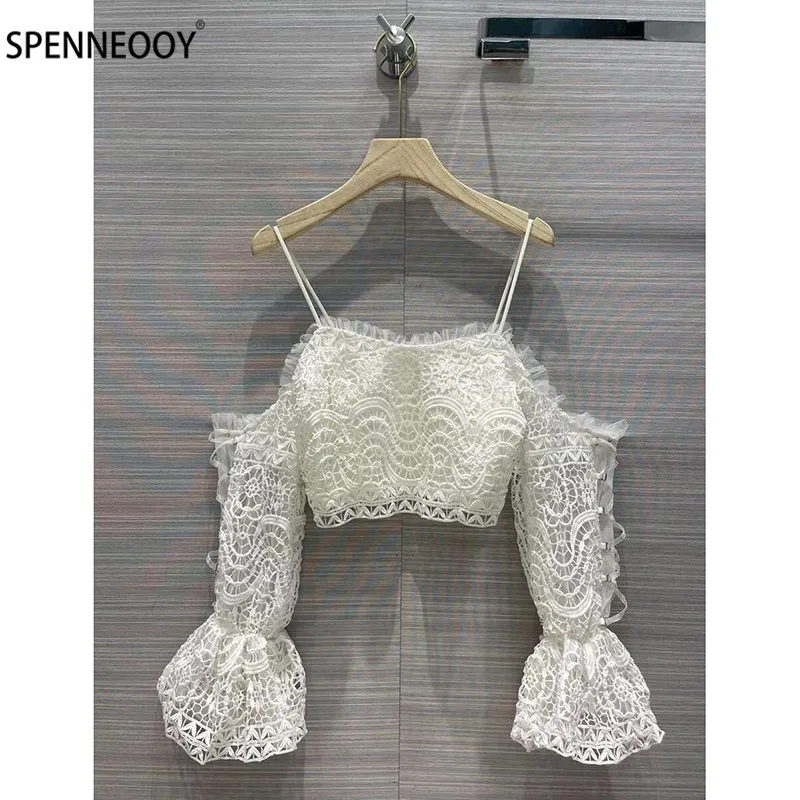 SPENNYMOOR 2021 Designer Brand Sexy Hollow Out Embroidery White Two Piece Set Women Off Shoulder Blouse + Ruffles Shorts