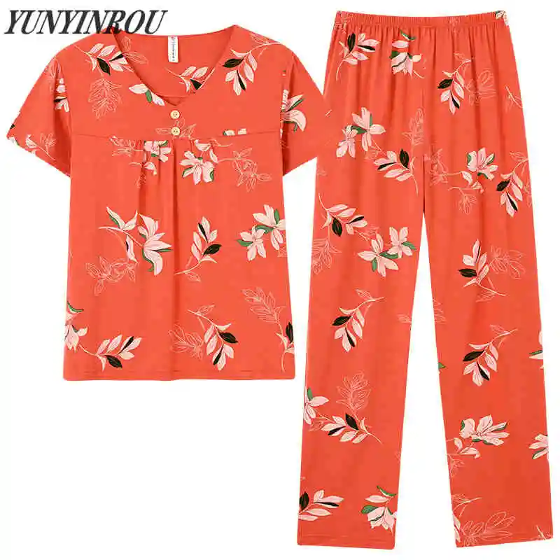 

Spring Summer Viscose Floral Print Women's Pajama Sets Elegant Nightwear Women Pajamas Full-Length Pants Plus Size 4XL Sleepwear