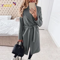 fnoce fashion lapel solid color trench coat women clothing woolen coat 2021 autumn winter new casual commute loose long sleeve