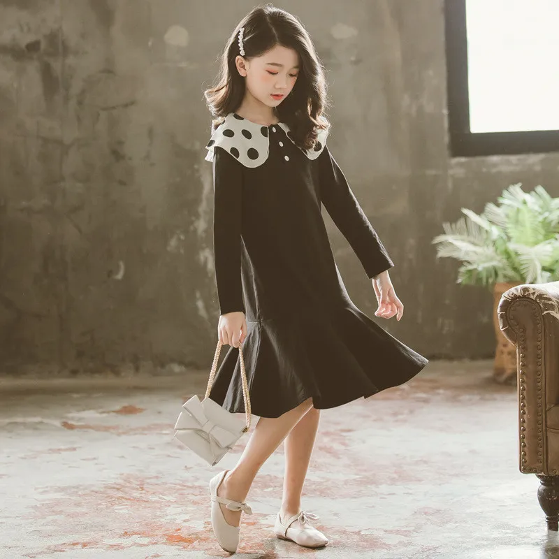 6 to 16 years kids &amp teenager girls dot print collar long sleeve cotton casual ruffle flare dress children fall winter dresses | Детская