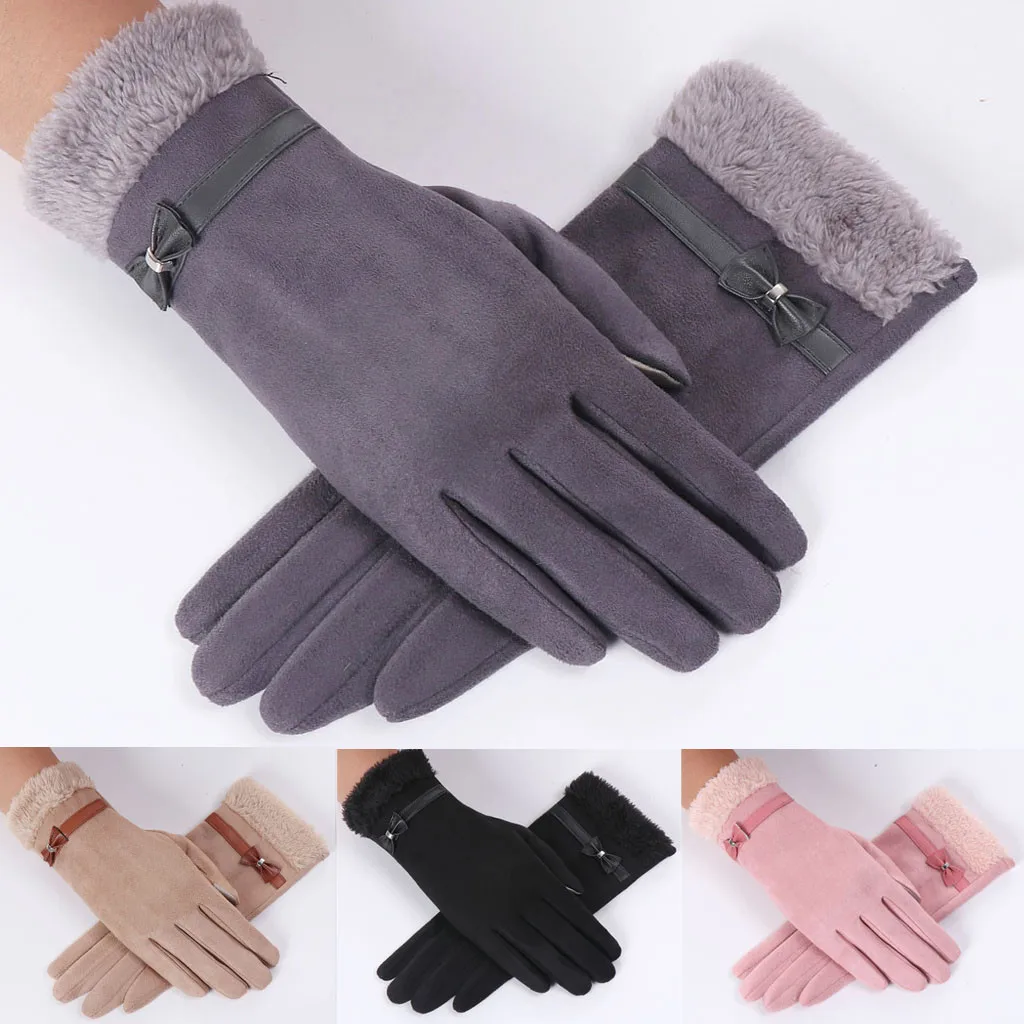Зимние перчатки для женщин из гречьего пуха теплые флисовые с бантиком
