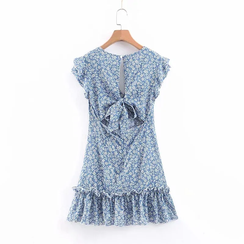 

Women Summer Sexy V-neck Ruffle Short Sleeve Dresses Floral Printed Bow Backless Boho Dress 2021Beach Blue Dress Vestidos