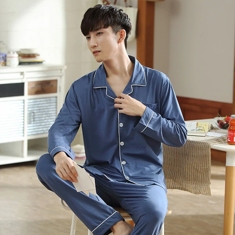 Spring Solid Modal Sleepwear Men Summer Long Sleeves Home Clothes Button-Down Pajamas Set Men Blue Nightwear PJs Pijamas Homme