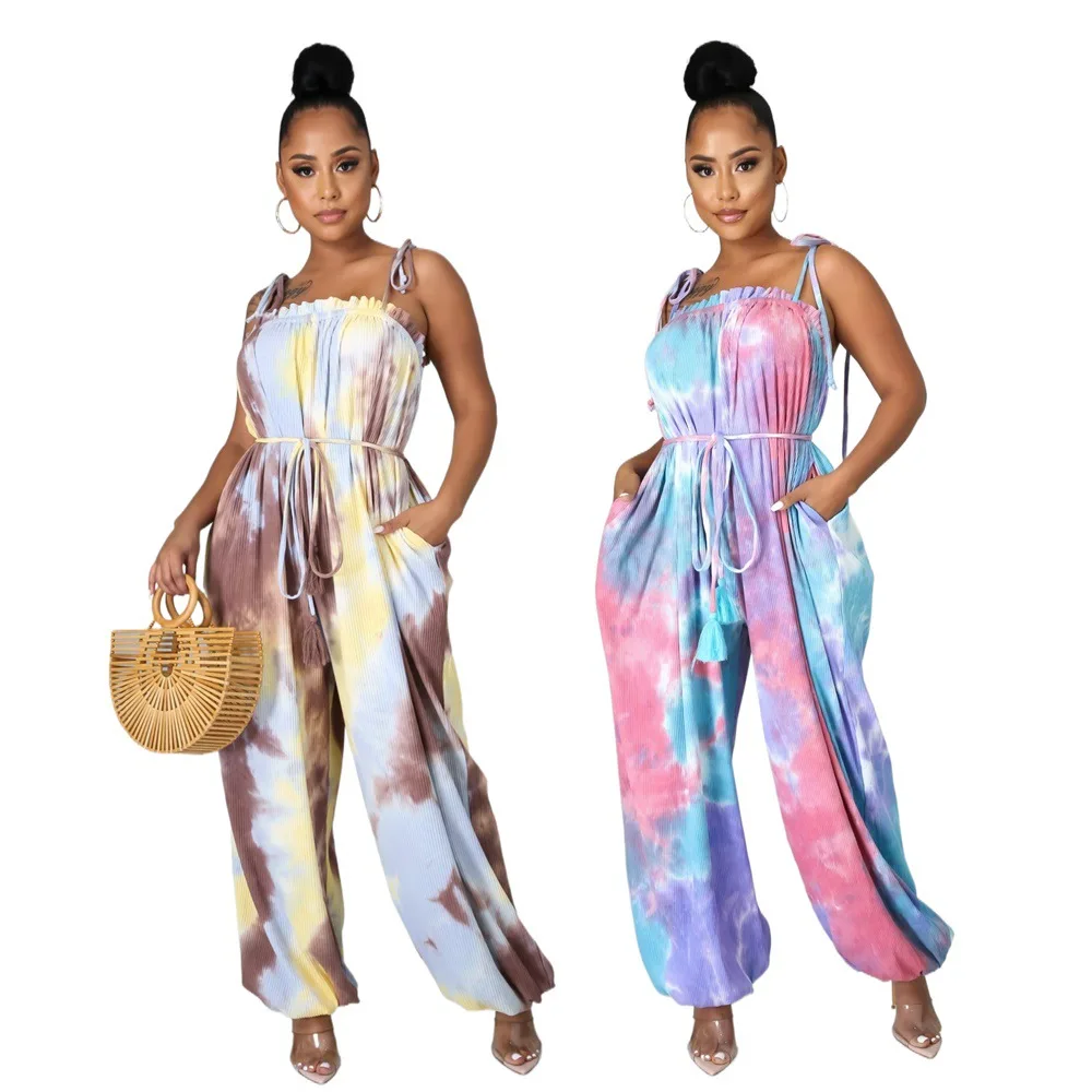 

White Yellow Sexy Print Split Joint Spaghetti Strap Plus Size Jumpsuits