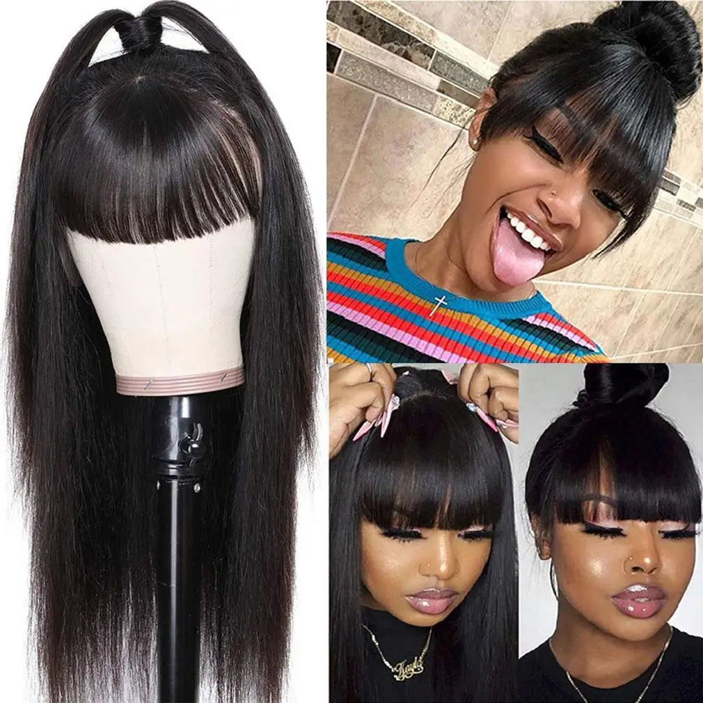 

Long Straight Human Hair Wigs With Bangs Natural Color Brazilian Remy Human Hair Full Machine Made Cheap Wigs 8-28Inch EUPHORIA
