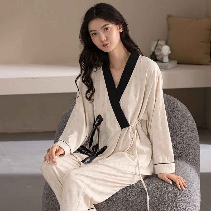 

Autumn Pure Cotton Kimono Lady Nightgown Set Hot Sell Pure Color Lounge Homewear Comfy Long Sleeve Trousers Women Pajama Sets