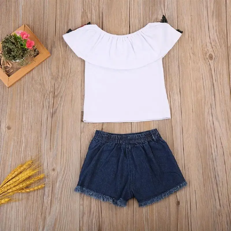

Toddler Baby Little Girl Clothes Sleeveless Embroidery Rose Flower ruffle Tops+cute Denim shorts Outfits Boutique Kids Clothing