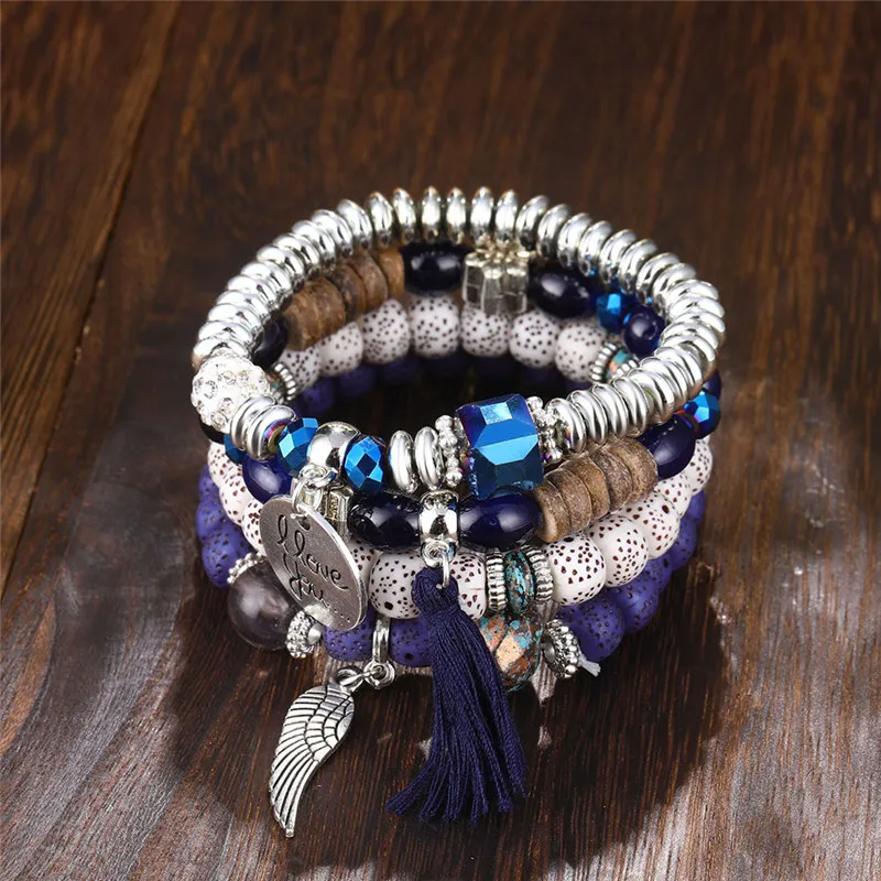 Женский браслет с бусинами и кисточками комплект из браслета кольца кристаллами