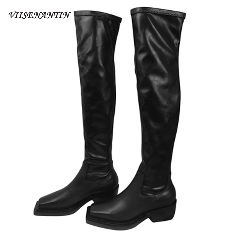 

Autumn / Winter Square Toe Thick High Heel Over-the-Knee Leather Long Elastic Sexy Fashion Socks Boots Slip on Black Shoes Women