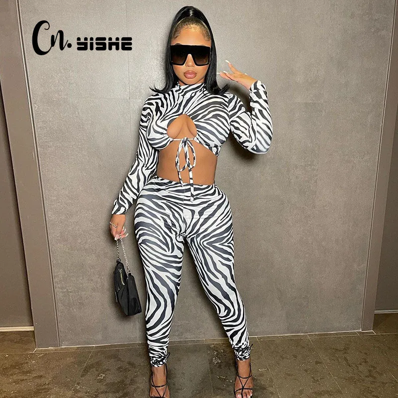 

CNYISHE Sexy Zebra Stripes Paisley Print Midnight Sets Suits Female Tops and Legging Matching Set Fashion Tracksuit Co-ord Set