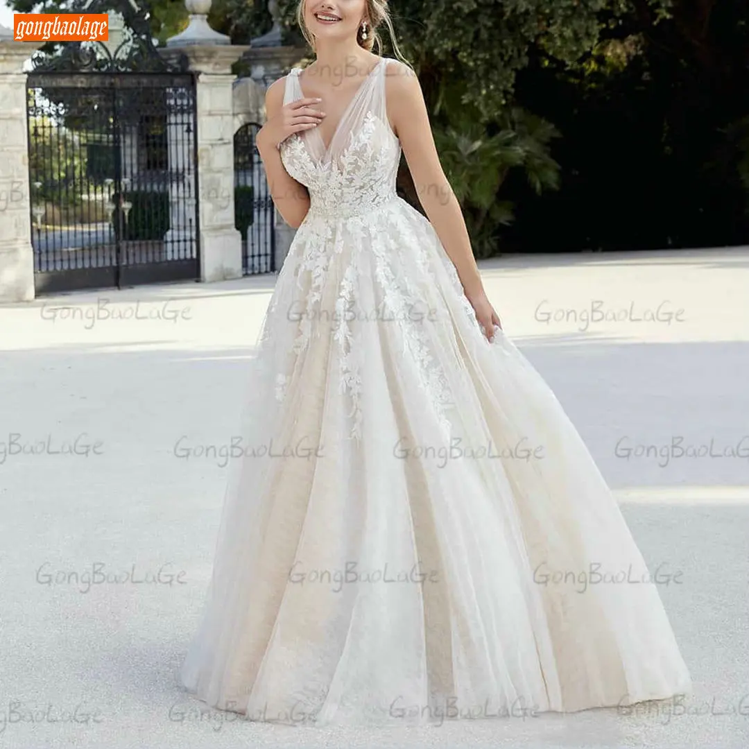 

Sexy V Neck Wedding Dresses Backless Lace Appliqued 2021 Vestido De Novia Tulle A Line свадебное платье Custom Made Bridal Gowns