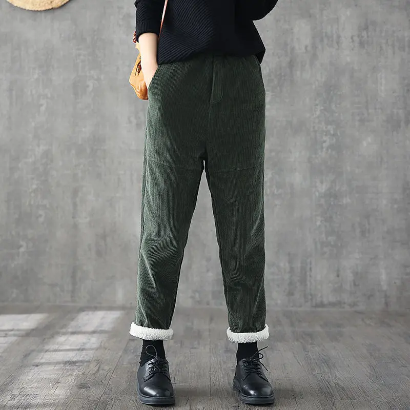 

Плотные вельветовые брюки, женские зимние теплые брюки 2021, повседневные свободные однотонные шаровары для мам с эластичным поясом