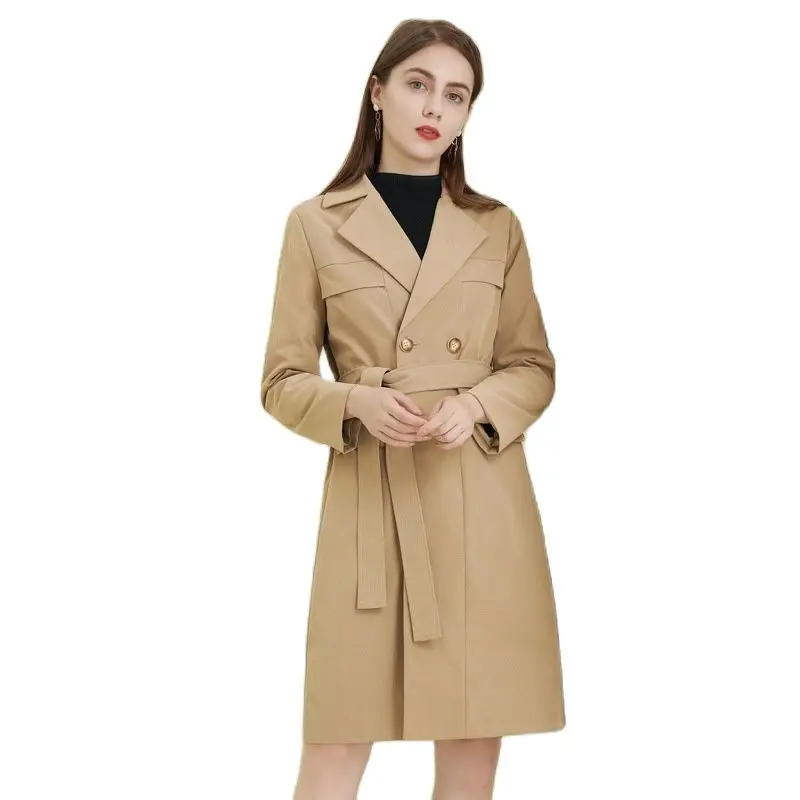 

Autumn winter 2021 new women's wear British solid color suit collar long sleeve women windbreaker medium length spring woman