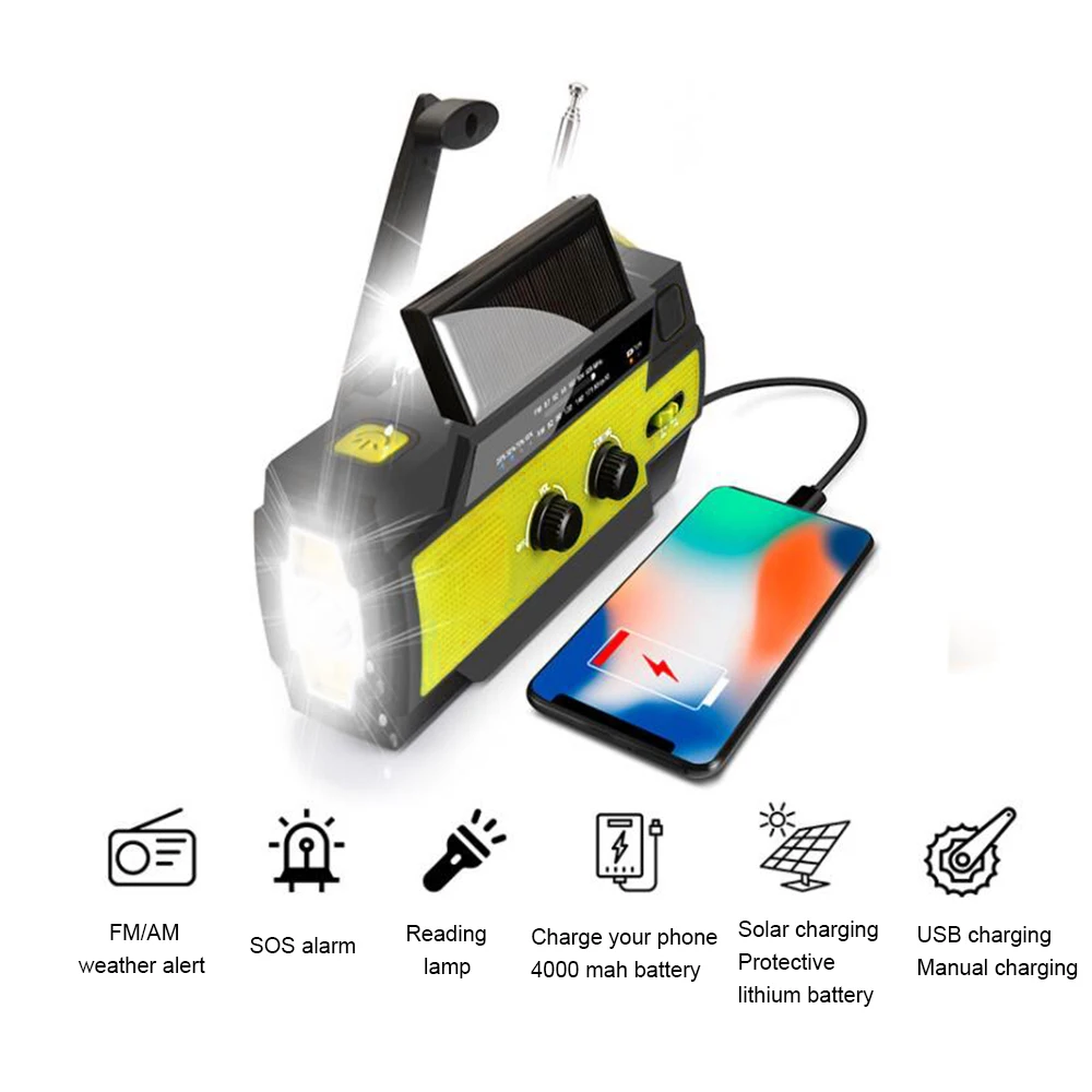 

Emergency Crank Radio 4000mAh Solar Hand Crank Portable AM/FM/NOAA Weather Radio with Flashlight Motion Sensor Reading Lamp
