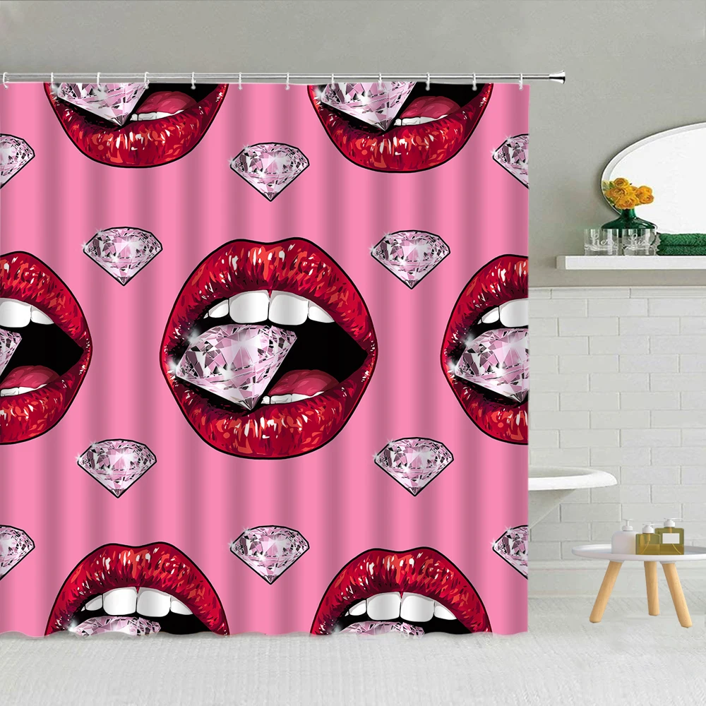 

Sexy Woman Red Lips Pink Shower Curtain Diamond Cosmetics Love Gift Girl Bathroom Decor Waterproof Cloth Curtains With Hooks Set