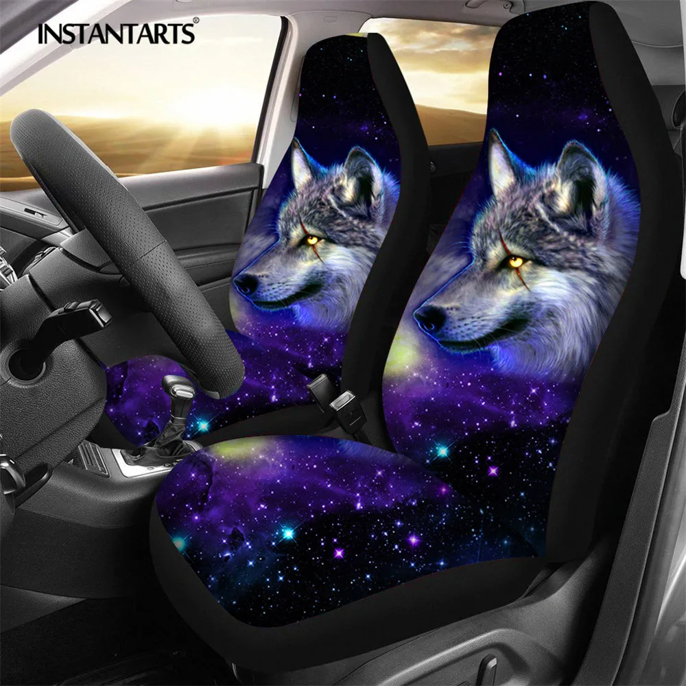 

INSTANTARTS Animal Wolf Printed Seat Covers Set Anti-Slip Polyester Fabric Car Seat Protectors Universal Front Seat Accessories
