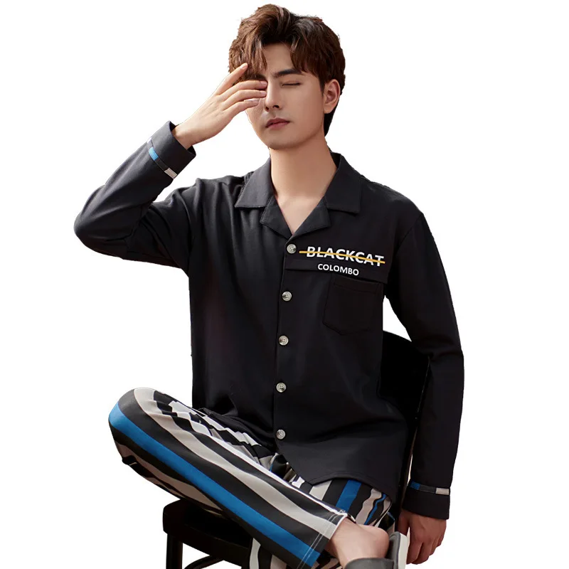 

Men's Pajamas Long-sleeved Spring and Autumn Thin Section Youth Cotton Men's Casual Home Wear Suit Ensemble Homme Sommeil Tops