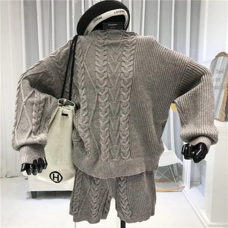 ALPHALMODA, зимний женский модный Свободный пуловер, Ретро стиль, твист, толстый свитер+ шорты, вязанный двухсекционный костюм, Одноцветный, Хит, Короткие комплекты