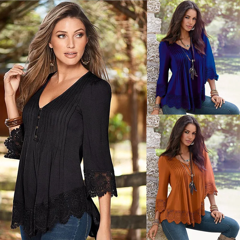 

Women 2021 Autumn Elegant Lace Shirts Sexy V Neck Casual 3/4 Sleeve Solid Blusas Tops Oversized Kawaii Clothes
