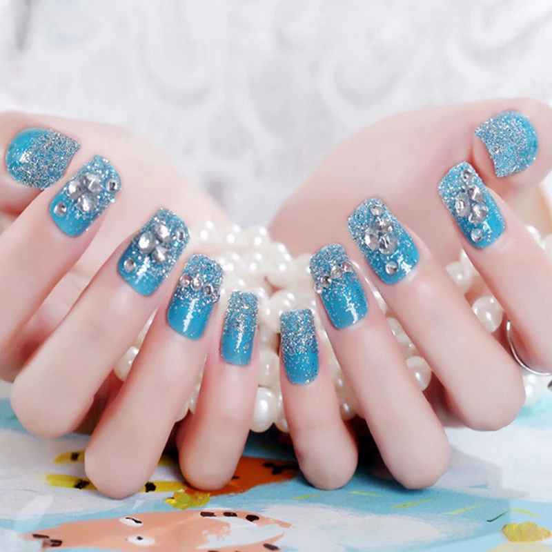 Женские короткие полностью покрывающие блестящие синие 3D накладные ногти для