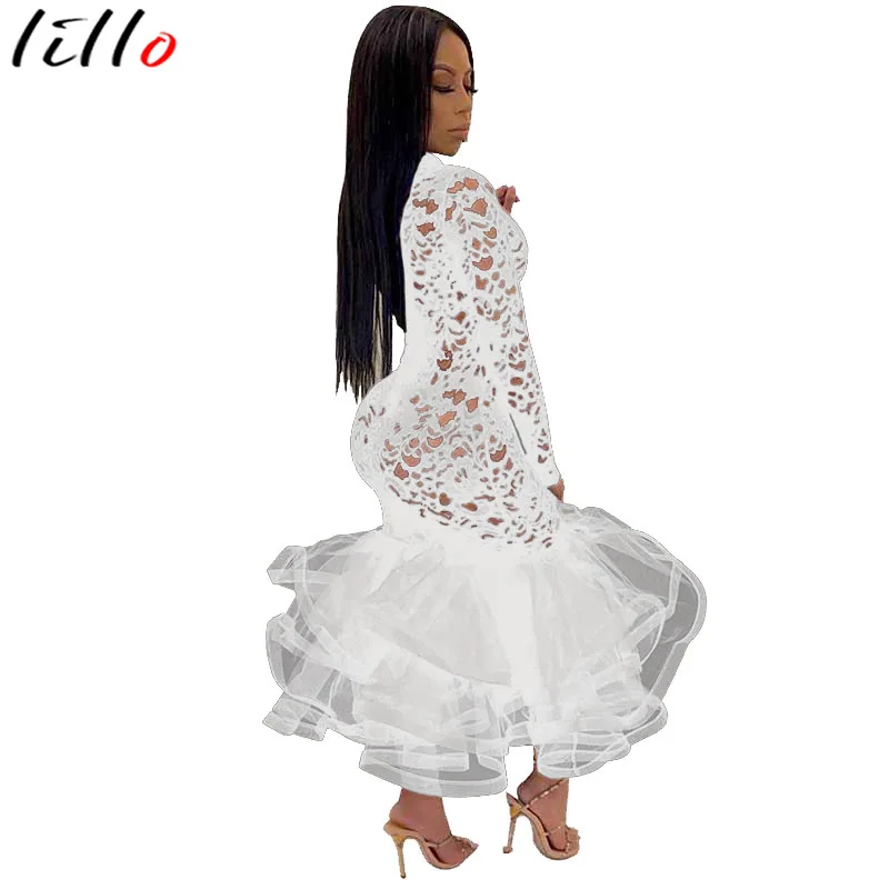 

Bodycon Dress Elegant Hollow Lace Sexy Nightclub Women Dress Layered Ruffled Fashion Elegant Trumpet / Mermaid Dress
