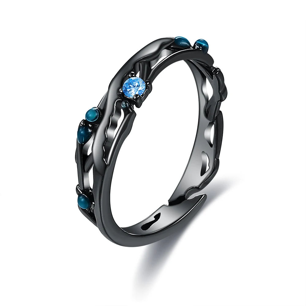

SILVERHOO Black Adjustable Opening Ring Blue Bright Cubic Zirconia Rings 925 Silver Jewelry For Lover' Wedding Gift New Arrival