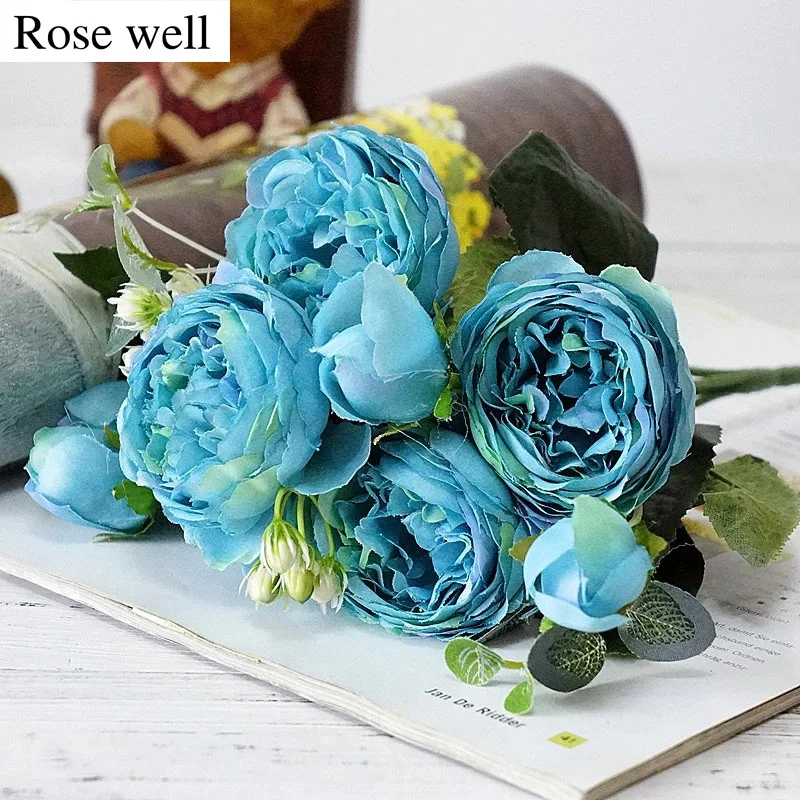 Новинка шелковые пионы ROSEWELL искусственные розы букет из 5 больших цветов и 4