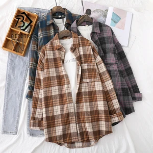 Женская шерстяная рубашка, зимняя, фиолетовая, в клетку, с длинным рукавом