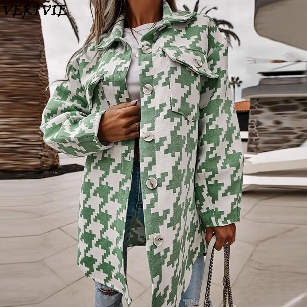 

Autumn Women Single Breasted Button Jacket Coat Fashion Printing Elegant Office Lady Mid-Length Cardigan Winter Long Sleeve Tops