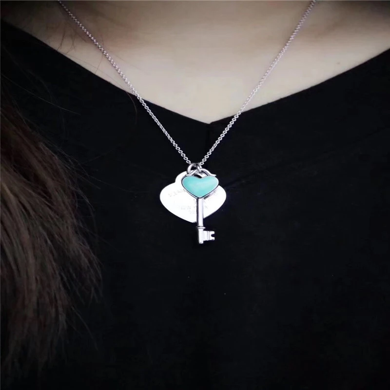 

Women's Fashion Heart Key Pendant S925 Sterling Silver Necklace Original High Quality Brand Jewelry Logo Valentine's Day Gift