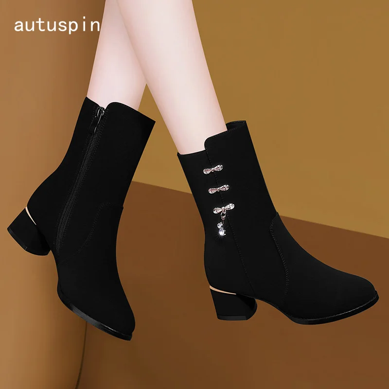 

Autuspin Новое поступление; Женские теплые плюшевые зимние ботинки однотонные женские ботинки до середины икры; Модные ботинки «Челси» на толс...