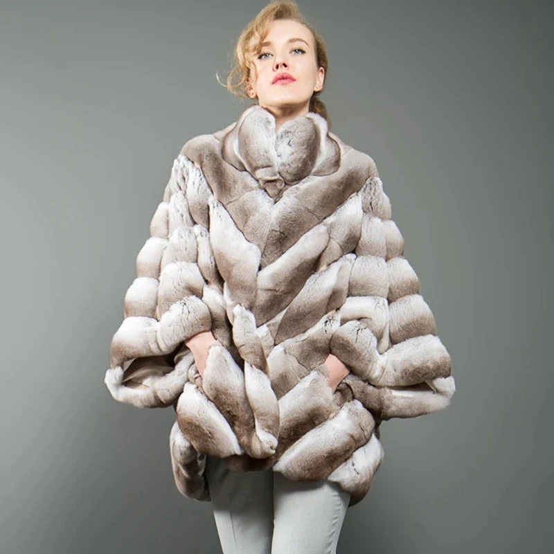 Real Fur Coat Women Winter Overcoats Luxury Real Chinchilla Color Rex Rabbit Fur Jacket With Stand Collar Natural Fur Coats 2022
