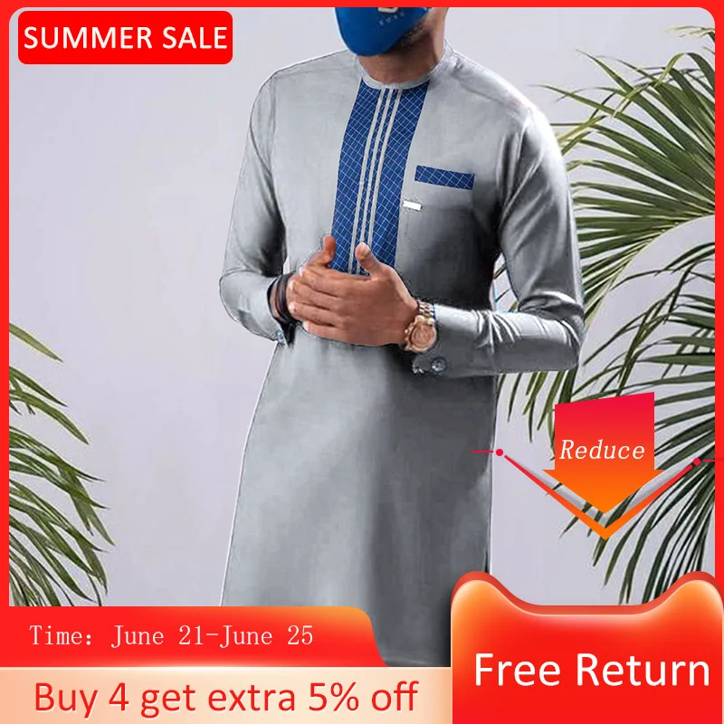 

Muslim Clothes Men's Shirt Striped Patchwork Long Sleeves O-Neck Fashion Islamic Clothing Men Kaftan 2021 Spring Summer