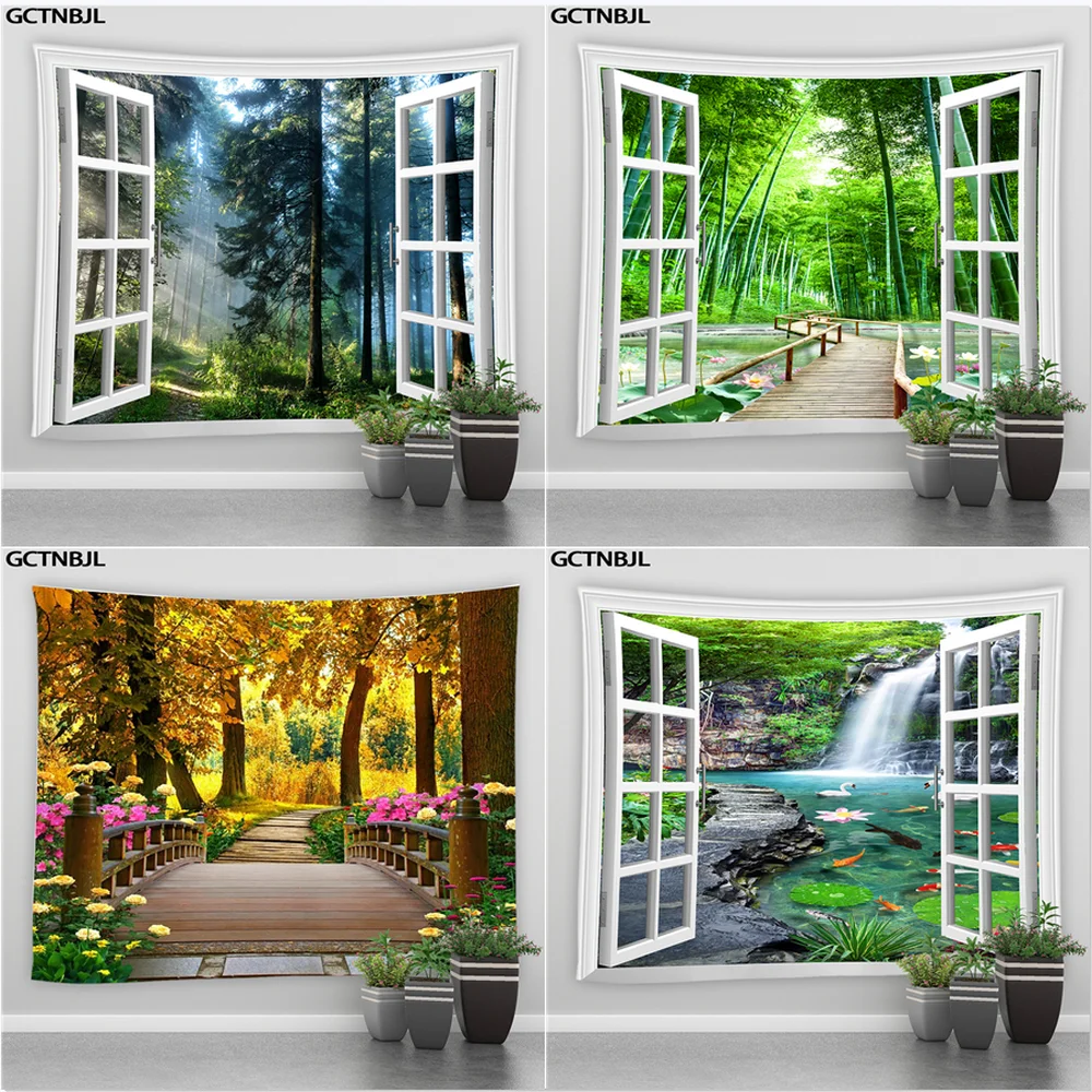 

Window Forest Landscape Tapestry Hippie Wall Hanging Bohemian Style Home Decoration Large Tapestries Bedroom Dormitory Blanket