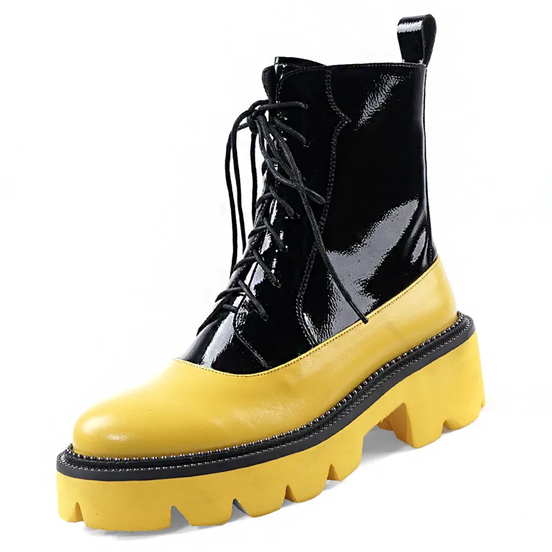 

New Autumn Winter Mixed-Colors Platform Ankle Boots Leather Street Style Thick Bottom High-Top Women Shoes Big Size 34-42