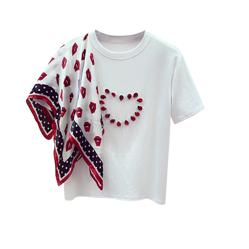 

Women's O Neck Short Sleeves Patchwork Scarf Rhinestone Cotton Tee T-Shirt 2020 Summer Girls Pullover Casual Tops Tees A2687
