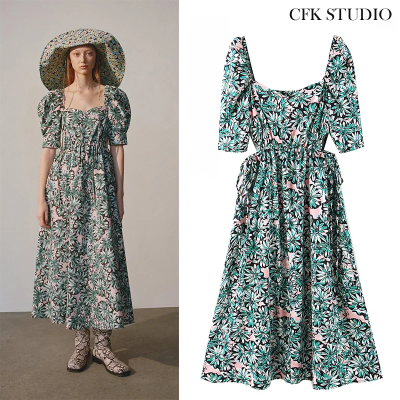 Женское платье с цветочным принтом длинным рукавом и воротником