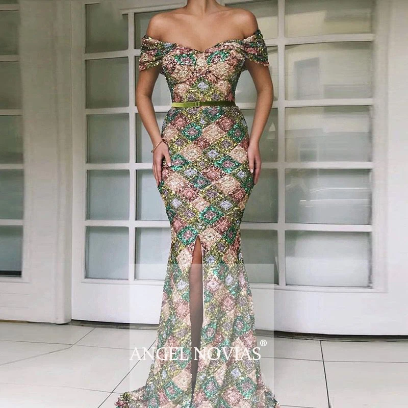 Женское платье с блестками Angel Novias длинное вечернее разрезом и кружевом в
