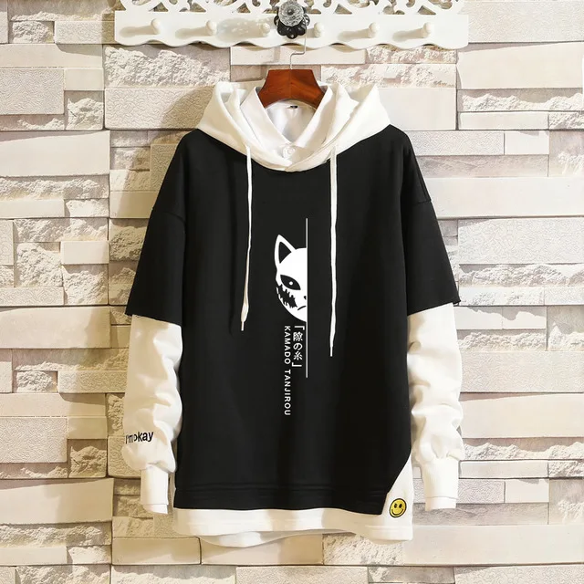 Anime Demon Slayer: Kimetsu no Yaiba Sportswear Sweatshirts Top Fake Two Piece Cosplay Costume Sweater Hoodie | Тематическая одежда