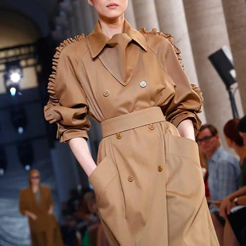 Женский Тренч винтажный с высокой талией двубортный осенний оборками Туника