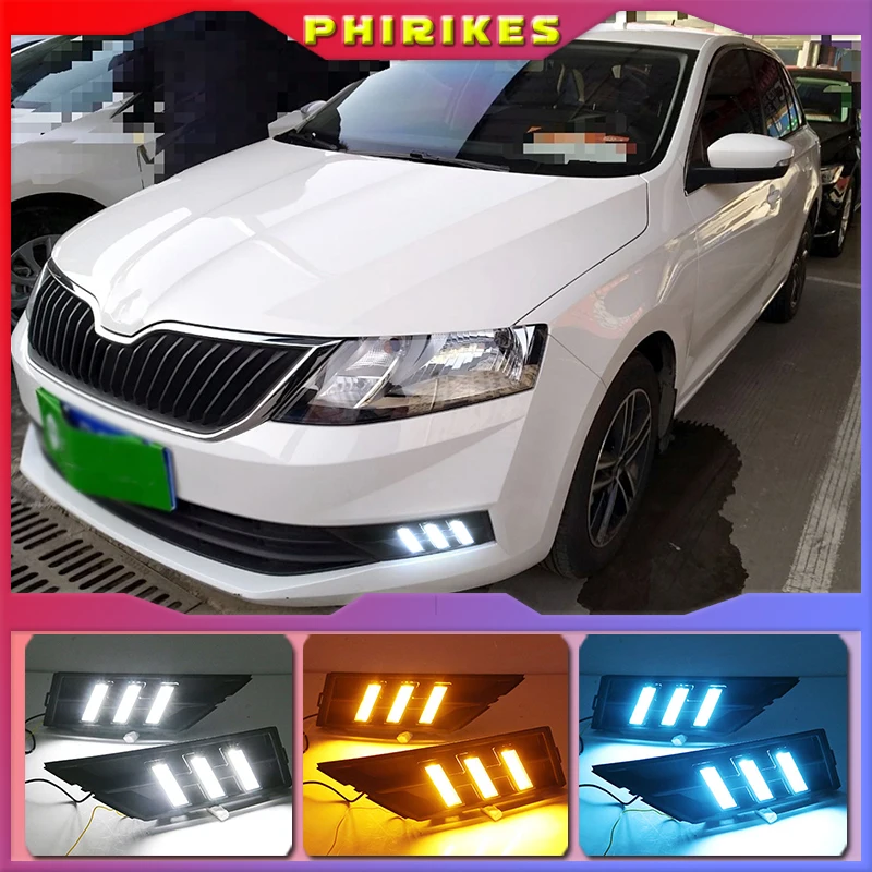 

2 шт. DRL для Skoda Rapid 2018 с желтым поворотным сигналом 12 В Автомобильные ДХО светодиодсветодиодный дневные ходовые огни противотуманные фары