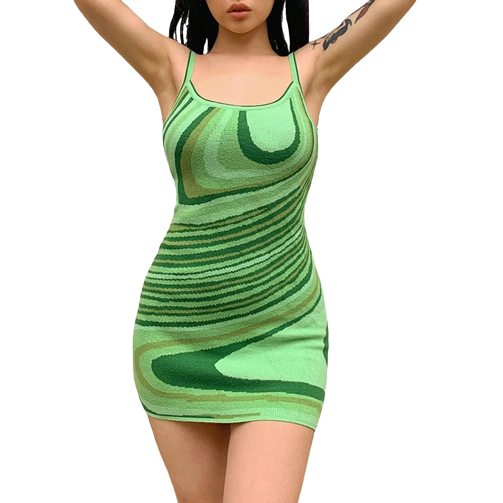 Ladies Sexy Short Suspender Women Summer Temperament Mixed Color Deep U-neck Sleeveless Backless Knitted Slip Mini Dress | Женская