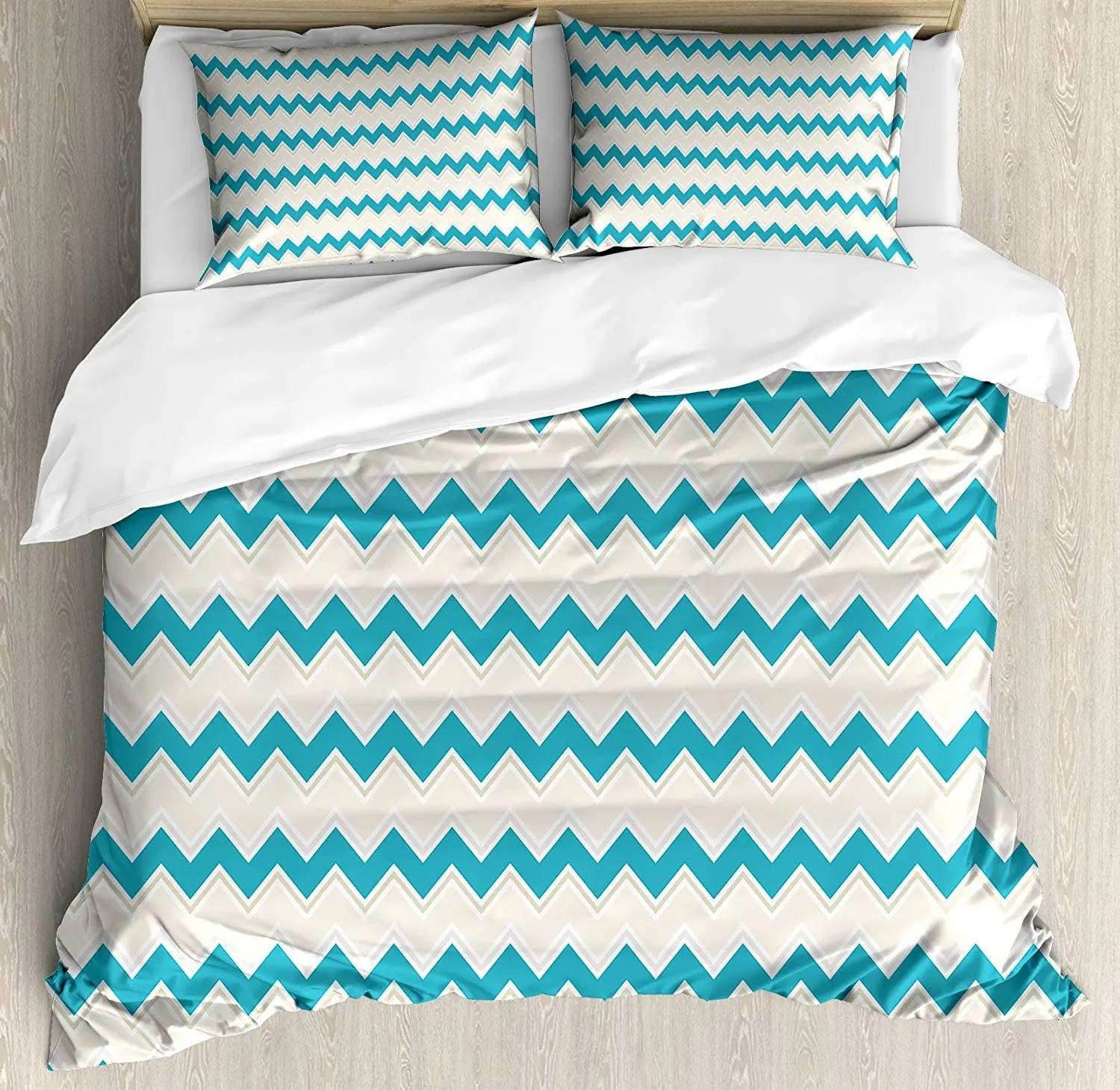 

Teal Bedding Set Horizontal Zigzag Lines Chevron Triangles Pattern Simple Classical Geometric Design Duvet Cover Pillowcase