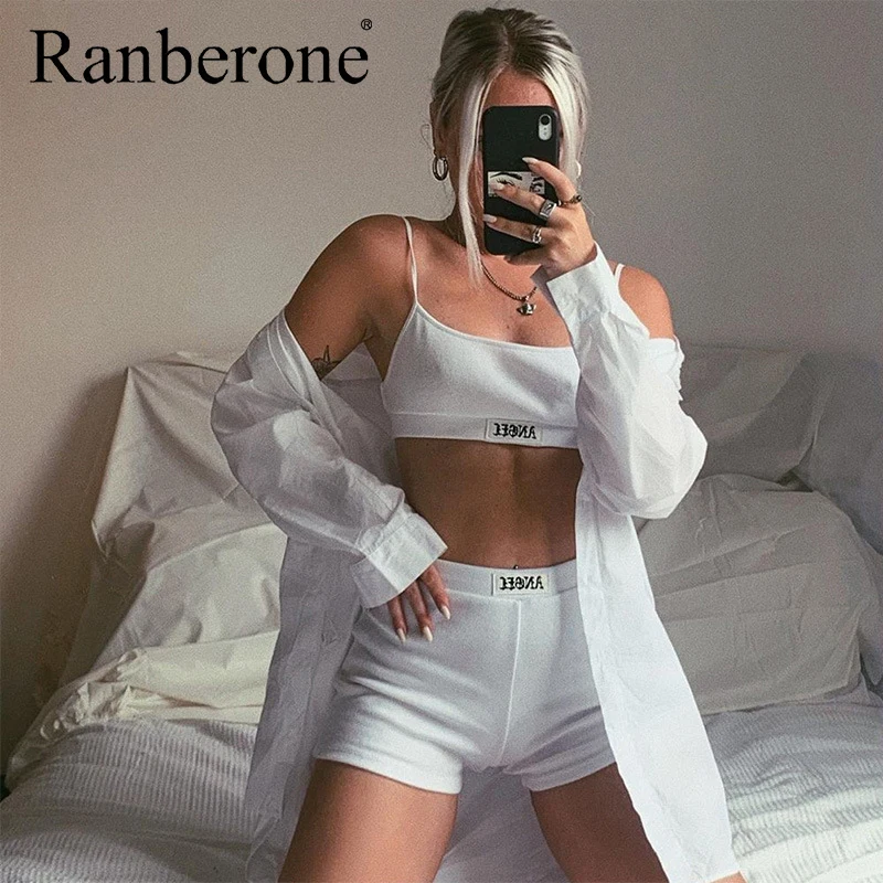 Ranberone 2 Piece Set Yoga Sets Sports Vest + Running Shorts Women Gym Clothes Sexy Outfit White And Black Fitness Sportswear