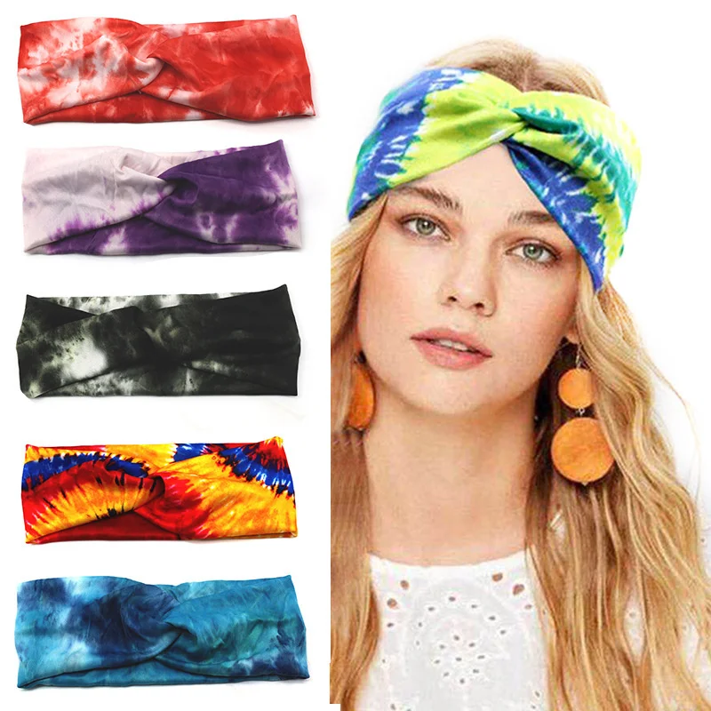 

Fashion Cross Hairband Tie-dye Cotton Sports Yoga Hair Band Elastic Headband Hair Accessories Absorb Sweat for Women Ladies 2021