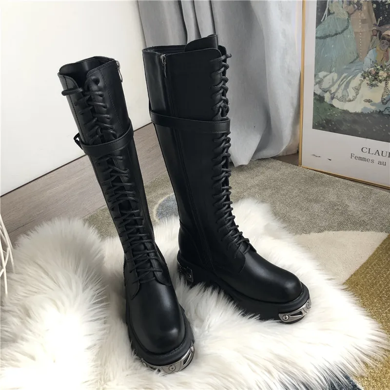 Jady/Новинка года; женские сапоги до колена из мягкой кожи; сапоги на платформе с толстым каблуком; женские сапоги В рыцарском стиле; высокие сапоги на шнуровке; Botas Mujer