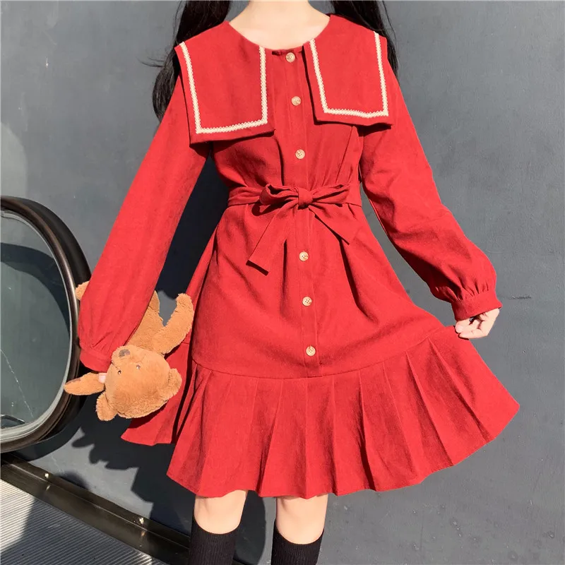 

Japanese Harajuku Bandage Bow Peter Pan Collar Dress Full Sleeve Korean Soft Girl Kawaii Autumn New Dress Ruffles Cosplay Dress