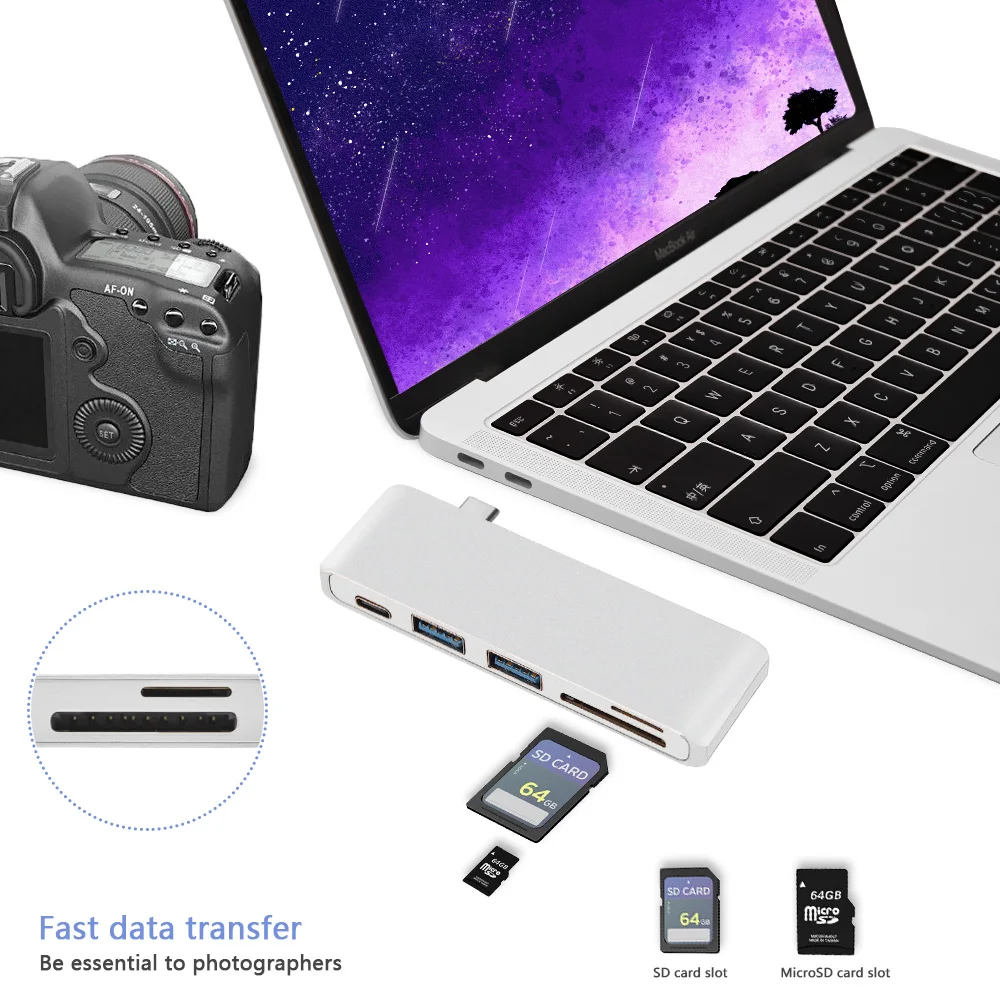 Redlai USB C концентратор для MacBook Air Pro Retina 13 дюймов /// Тип-C USB Hub адаптер с 2 портами(стандарт 3,0 Порты, PD, светодиодный дисплей, SD/TF Card Reader устройство чтения карт