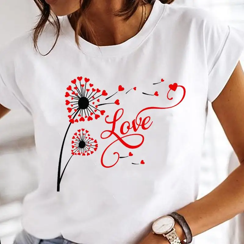 

Women Dandelion Love Sweet Valentine Cartoon Lady Fashion Clothes Print Short Sleeve Tops Graphic Tees Female Tshirt T-Shirt