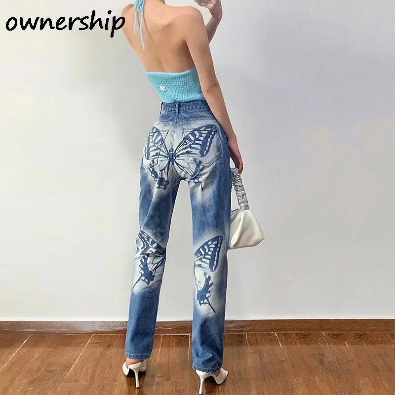 

New Butterfly Print Slim Denim Pants For Women 2021 Autumn Winter Cotton High Waist Bottoms Female Casual Straight Leg Trousers